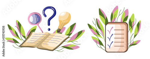 Illustration for distance lessons, video courses, and internet classes. Notebook with checked tasks. Template of Flyer or Invitation. Education. Vector.