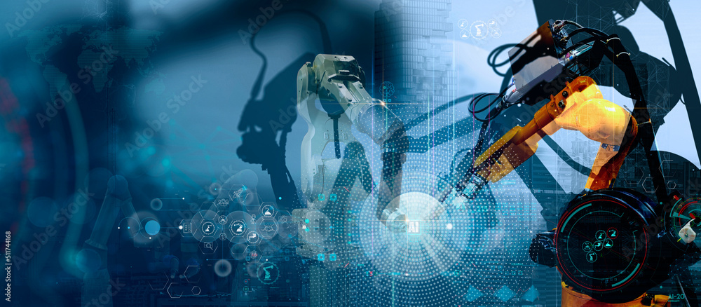 Silhouette of business innovation industry future automation robot arms factory on smart city background.