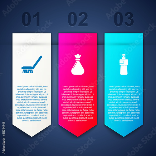 Set Brush for cleaning, Garbage bag and Dishwashing liquid bottle. Business infographic template. Vector