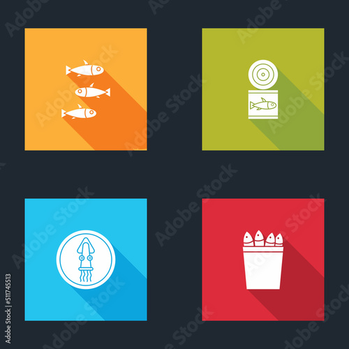 Set Fishes, Canned fish, Octopus on plate and Fishing bucket with fishes icon. Vector