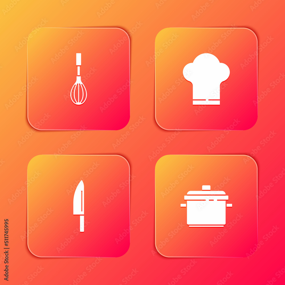 Set Kitchen whisk, Chef hat, Knife and Cooking pot icon. Vector