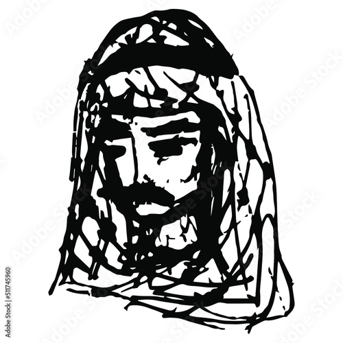 Head of Arab man wearing Palestinian keffiyeh.