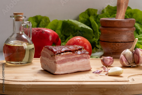 piece of bacon on a wooden board, ingredient, gastronomy, preparation food