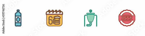Set Plastic beer bottle, Saint Patricks day calendar, Beer brewing process and Bottle cap with icon. Vector