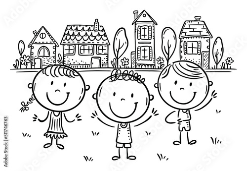 Outline cartoon children on city background