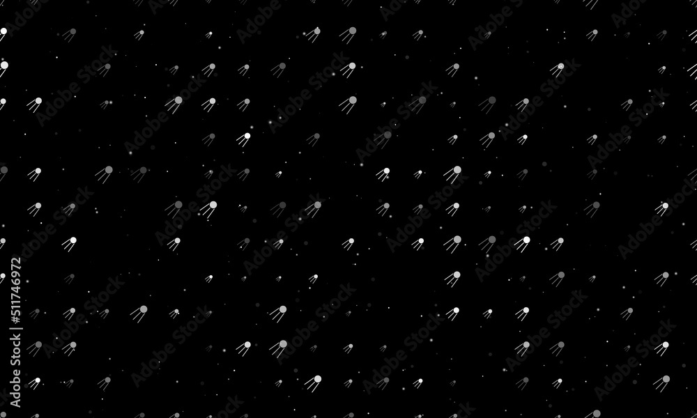 Seamless background pattern of evenly spaced white satellite symbols of different sizes and opacity. Vector illustration on black background with stars