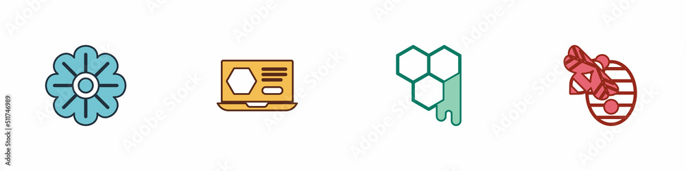 Set Flower, Honey online service, Honeycomb and Hive for bees icon. Vector Set Flower, Honey online service, Honeycomb and Hive for bees icon. Vector