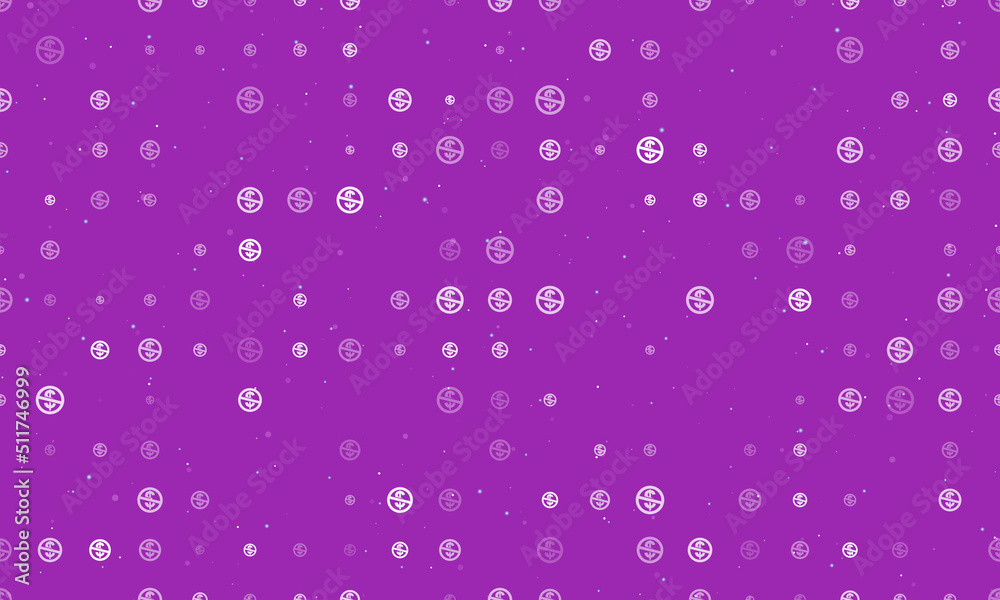Seamless background pattern of evenly spaced white no dollar symbols of different sizes and opacity. Vector illustration on purple background with stars