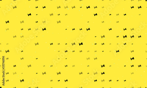 Seamless background pattern of evenly spaced black camera symbols of different sizes and opacity. Vector illustration on yellow background with stars