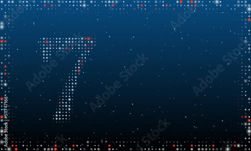 On the left is the number seven symbol filled with white dots. Pointillism style. Abstract futuristic frame of dots and circles. Some dots is red. Vector illustration on blue background with stars