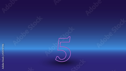 Neon number five symbol on a gradient blue background. The isolated symbol is located in the bottom center. Gradient blue with light blue skyline
