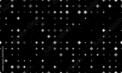 Seamless background pattern of evenly spaced white quatrefoil symbols of different sizes and opacity. Vector illustration on black background with stars