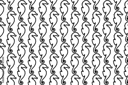 Seamless pattern completely filled with outlines of sea horse symbols. Elements are evenly spaced. Vector illustration on white background