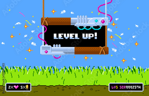 Retro 8bit game background in pixel art design. Banner with phrase level up. Vector illustration, game design concept.