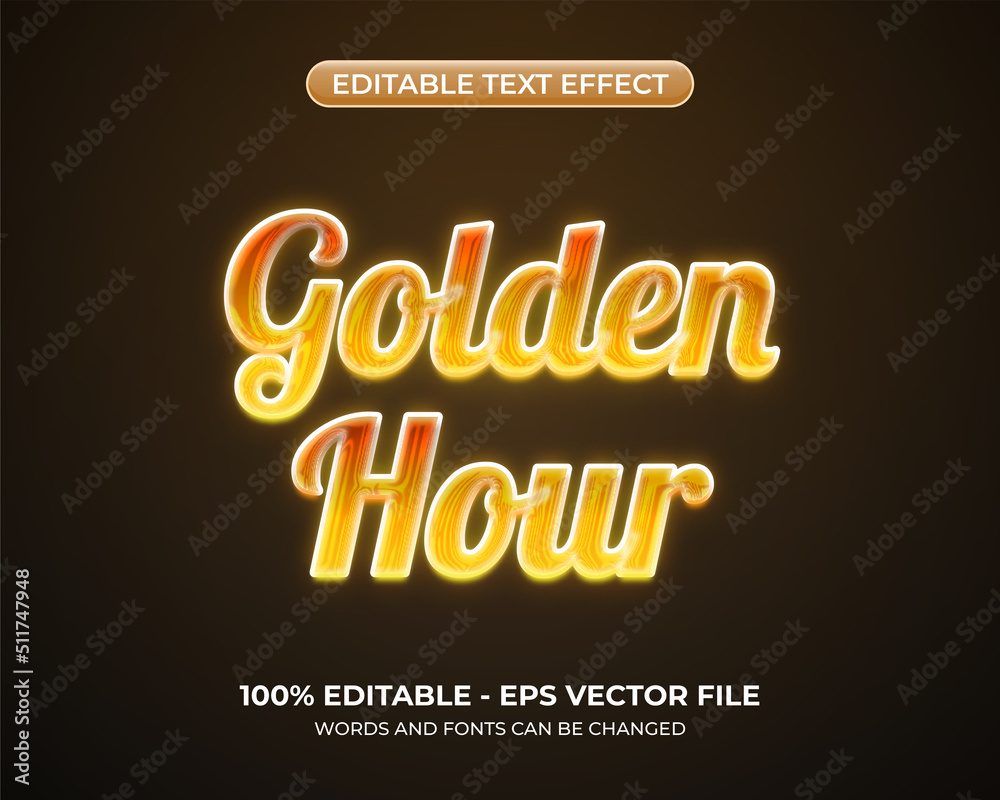 Golden hour gradient text effect. Editable 3d fluorescent text effect. Luminous graphic styles