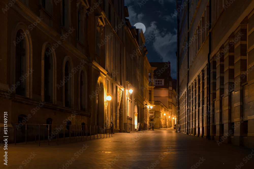 Night street of the old European city of Halle (Saale) in Germany.
