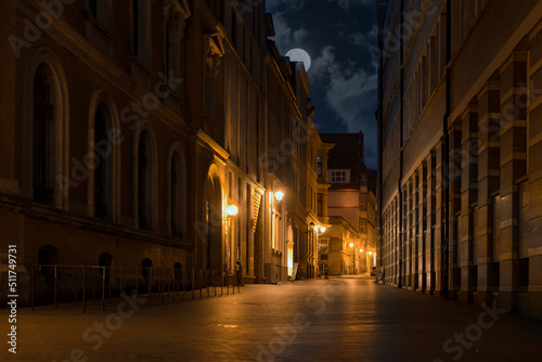 Night street of the old European city of Halle (Saale) in Germany.