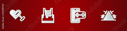 Set Dumbbell with heart, Sweaty sleeveless t-shirt, Fitness app and Metal rack weight icon. Vector