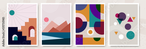 Modern minimalist abstract aesthetic illustrations. Bohemian style wall decor. Collection of contemporary artistic posters with geometric shapes.