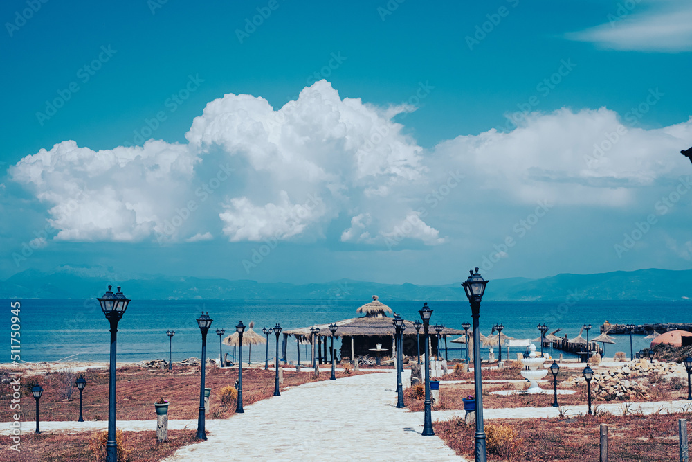 Beach sunny day Cape Rodon Adriatic Sea Albania. Vacation in Albania