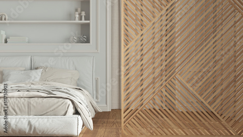 Wooden panel close-up, luxury classic bedroom with double bed, close up, molded walls and parquet. Minimalist zen interior design concept idea, classic interior design