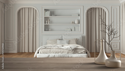 Wooden table top or shelf with minimalistic modern vases over classic bedroom with bed and molded walls, arched doors with curtains, parquet, white minimal interior design