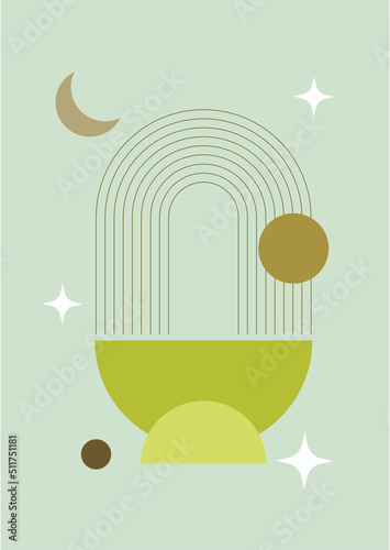 Modern abstract aesthetic set of geometric balance shapes, stairs and plants. Wall decor in boho style. Mid century vector print for cover, wallpaper, card, social media, interior decor