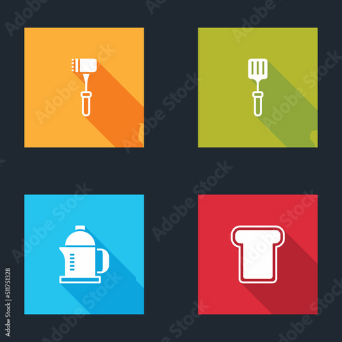 Set Kitchen hammer, Barbecue spatula, French press and Bread toast icon. Vector