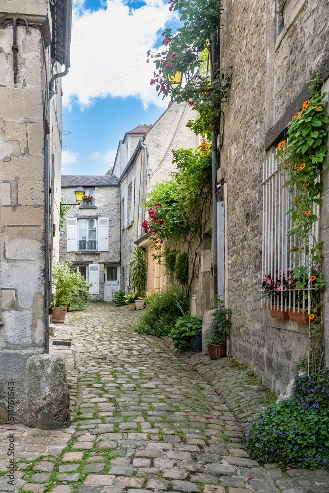 Senlis, medieval city in France, typical cobblestone street with ancient houses
