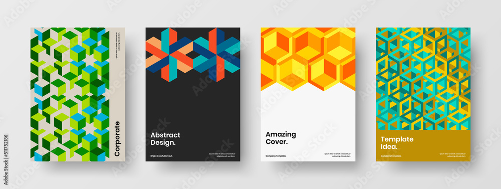 Obraz premium Bright magazine cover design vector illustration collection. Creative geometric hexagons handbill template composition.