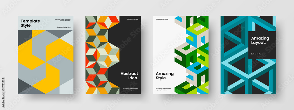 Minimalistic geometric hexagons company brochure layout composition. Simple annual report A4 design vector illustration set.