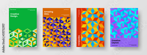 Vivid mosaic shapes magazine cover illustration collection. Unique annual report A4 vector design layout bundle.