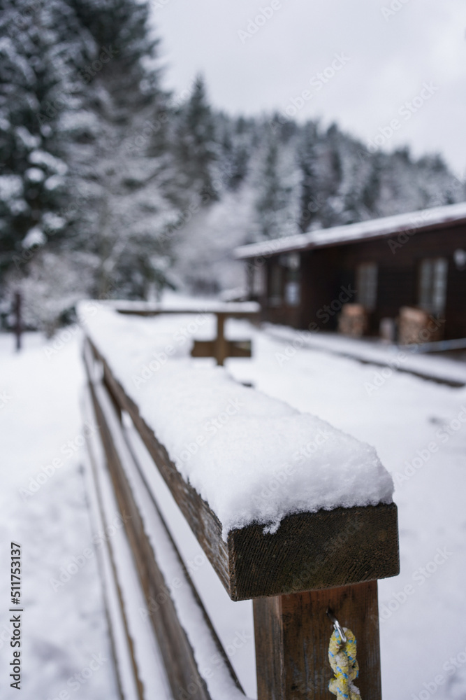 custom made wallpaper toronto digitalSnowy winter mountain with a cozy hut and forest in the background