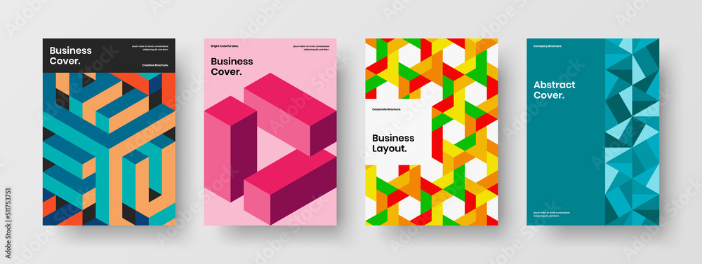 Unique brochure design vector illustration set. Trendy mosaic hexagons book cover concept composition.