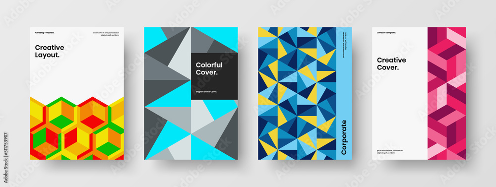 Modern cover A4 design vector concept collection. Fresh mosaic hexagons company brochure layout composition.