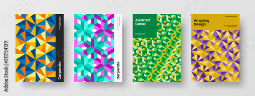 Vivid pamphlet A4 vector design concept bundle. Simple mosaic hexagons book cover illustration set.