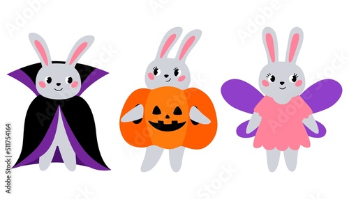 Set cute rabbit in costumes for halloween. Bunny vampire, fairy and pumpkin. Funny characters for holiday.