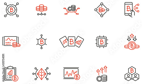 Vector Set of Linear Icons Related to Trade Service, Digital Money, Cryptocurrency, Finance and Bitcoin Management. Mono Line Pictograms and Infographics Design Elements