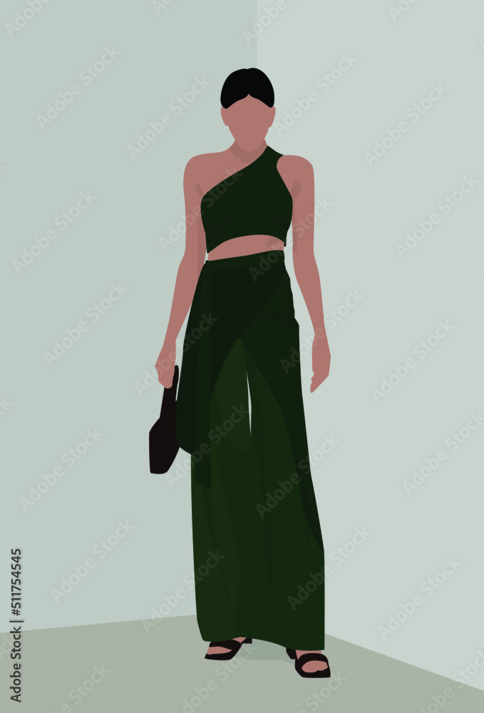 Vector flat image of a girl in a summer green suit. Lady in top and loose pants. Design for postcards, avatars, posters, backgrounds, templates, textiles, portraits.