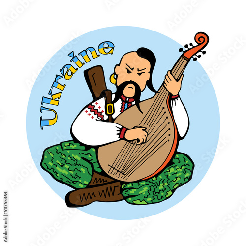 Ukrainian warrior and soldier Kozak plays musical instrument bandura in military clothes and national shirt in Ukraine for round sticker