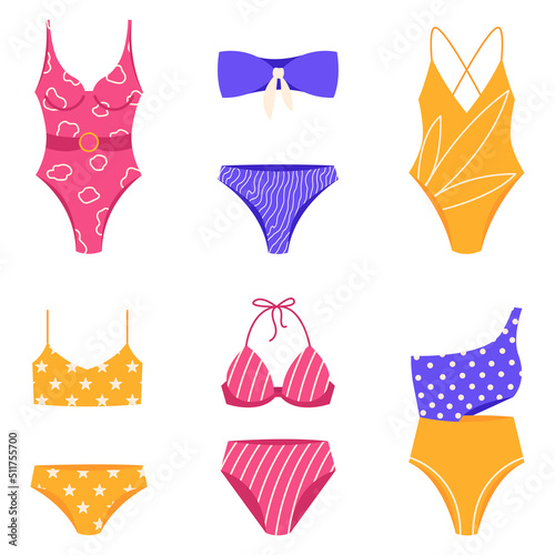 Female swimwear. Set of womens colorful swimsuits. Fashion bikini collection. Vector illustration isolated on a white background