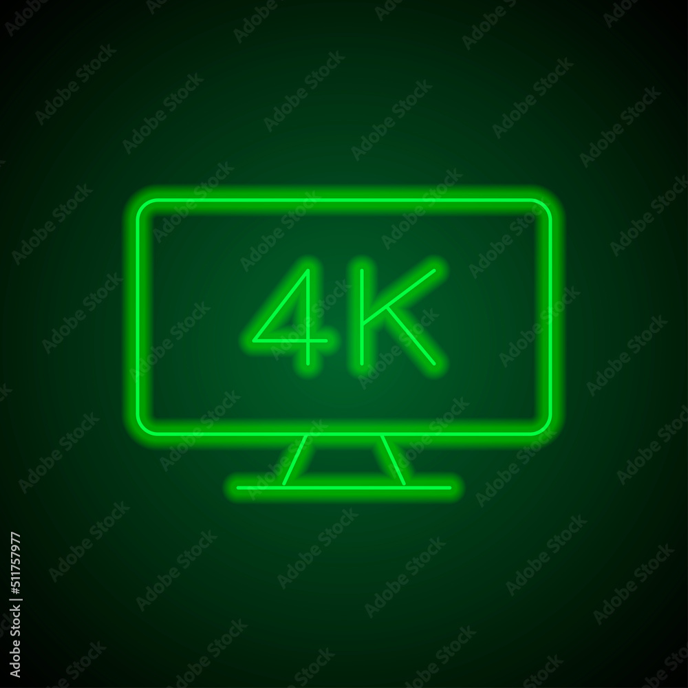 4K, TV simple icon vector. Flat design. Green neon on black background with green light.ai 4K, TV simple icon vector. Flat design. Green neon on black background with green light.ai