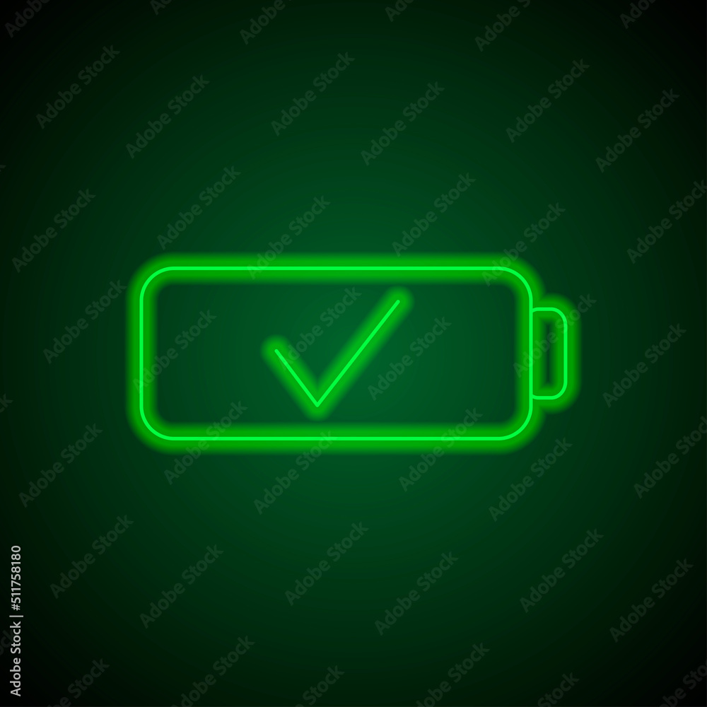 Battery, confirm simple icon vector. Flat design. Green neon on black background with green light.ai