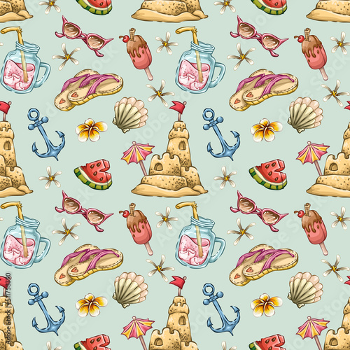Seamless pattern with tropical summer elements, background with sea beach objects