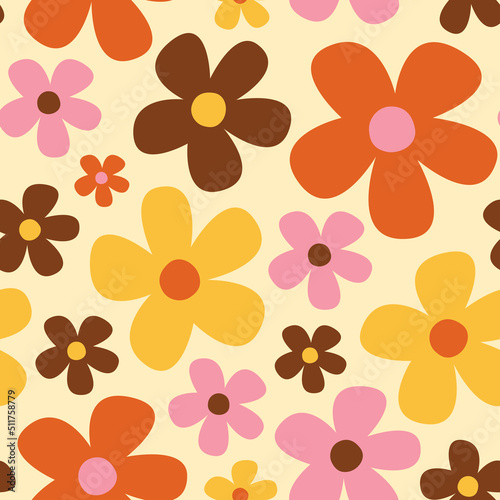 Cute vector seamless pattern with pink, orange and brown daisy flowers. Retro background in 1970 style. Groovy decorative hippy vintage floral wallpaper.