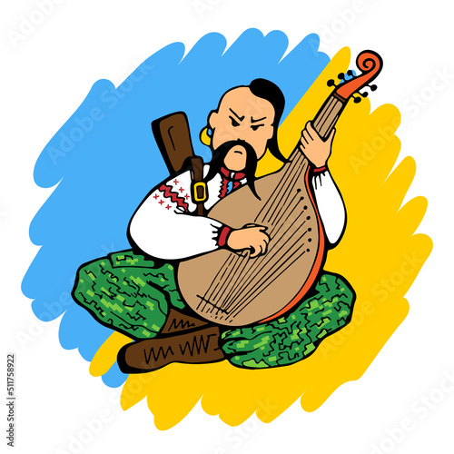 Flag background and Ukrainian warrior and soldier Kozak plays the musical instrument bandura in military clothes and national shirt
