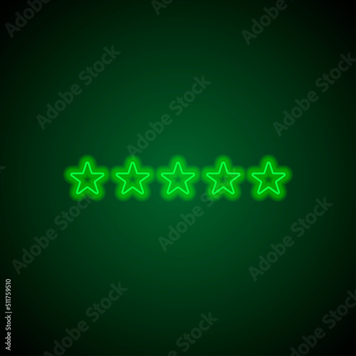 Five stars, rate simple icon vector. Flat design. Green neon on black background with green light.ai
