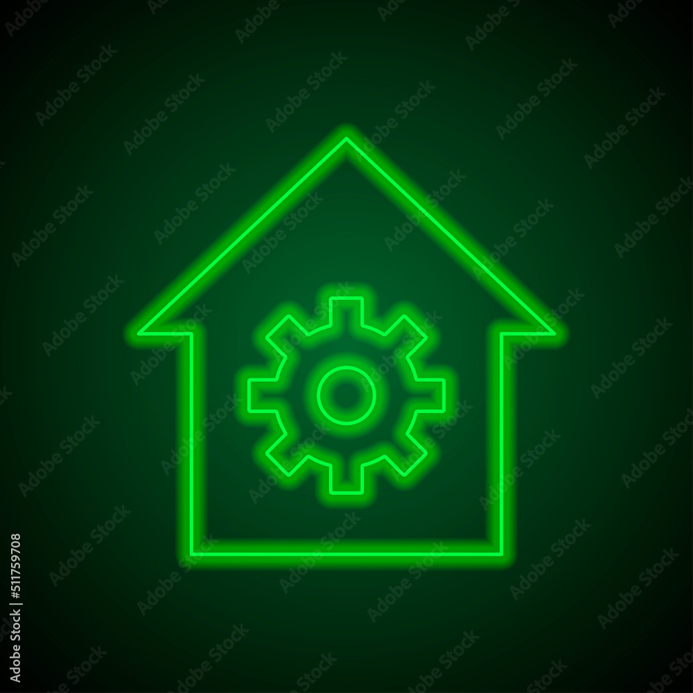 Gear, house simple icon vector. Flat design. Green neon on black background with green light.ai Gear, house simple icon vector. Flat design. Green neon on black background with green light.ai