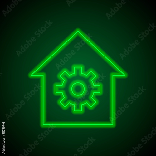 Gear, house simple icon vector. Flat design. Green neon on black background with green light.ai