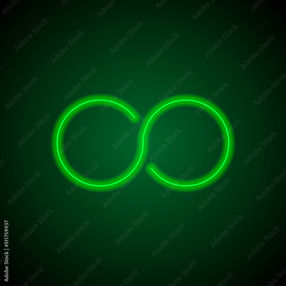 Infinity simple icon vector. Flat design. Green neon on black background with green light.ai Infinity simple icon vector. Flat design. Green neon on black background with green light.ai